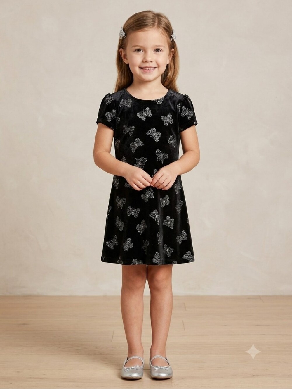 Girls Size 6X Black Velvet Glitter Butterfly Dress